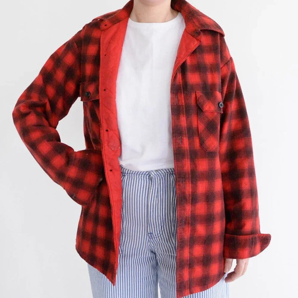 Vintage 70S Red & Black Buffalo Plaid Gorpcore Flannel Lined Button Up Shacket M - Picture 1 of 16